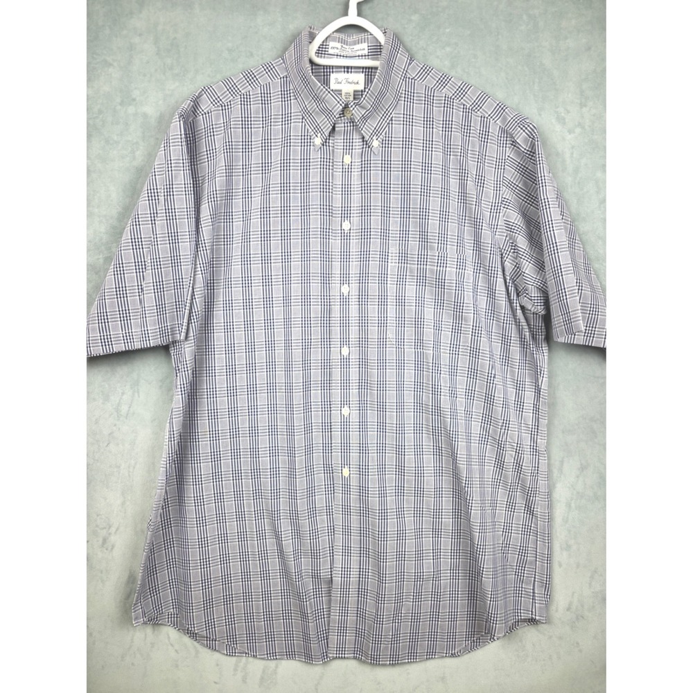 Paul Fredrick Mens 16.5 Blue White Plaid Cotton Broadcloth Short Sleeve Shirt